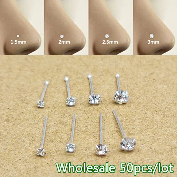 Rings 50pcs/lot Nose Pin Piercing 925 Sterling Silver 1.5mm 2mm 2.5mm 3mm Round Clear Crystal Nose Studs Rings nariz Piercing Jewelry