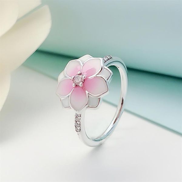 Pink Magnolia Bloom Rings Women Authentic 925 Silver Wedding Gift Jewelry Set For pandora CZ diamond Flowers engagement Ring with 259h