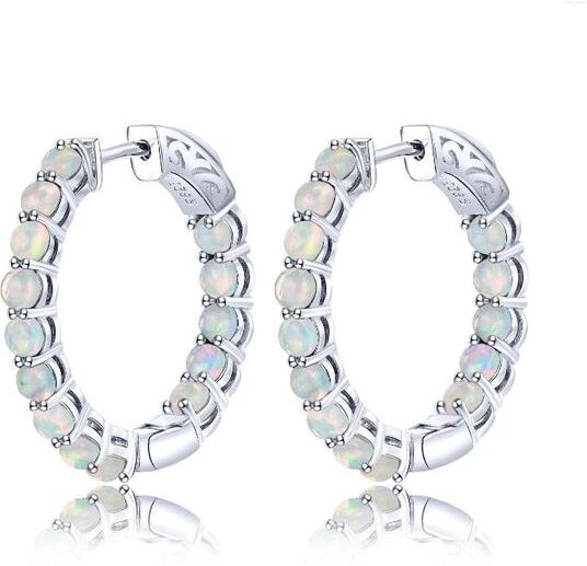 Backs Earrings Natural Genuine 925 Sterling Silver Hoop Huggie Earring Real Opal Women&#039;s Birthday Gift Birthstone