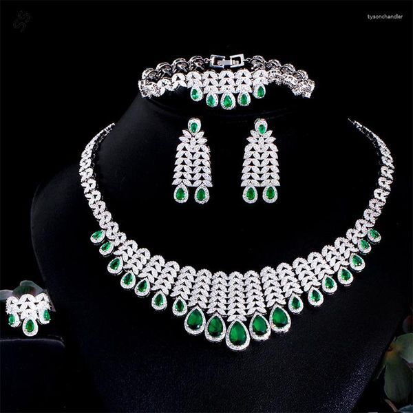 Necklace Earrings Set Dress Banquet Accessories 4 Pieces Copper Hand-inlaid Green Zircon Gems Women&#039;s Bracelet Ring