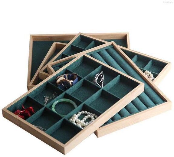 Jewelry Pouches Bamboo Dark Green Velvet Display Tray Ring Earring Necklace Bracelet Pendant Beads Organizer Storage For Drawer