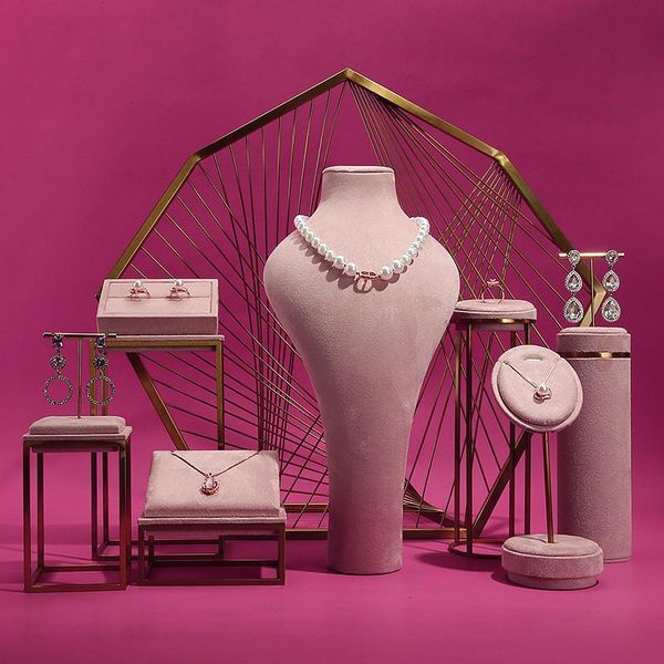 Display Pink Color Jewelry Shop Window Display Stand Metal Necklace Holder Earring Organizer Pendant Show Rack Bust Photo Props