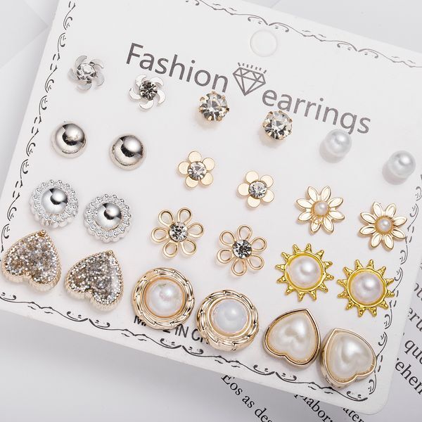 12 Pairs/Lot Heart Flower Earrings Set For Women Rhinestone Simulated Pearl Sun Star Stud Earrings Girls Party Jewelry Wholesale