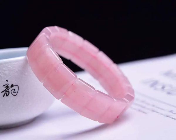 Bangles Natural Pink Rose Quartz Clear Rectangle Beads Bracelet Madagascar Stretch Woman 14x10mm Crystal Bangle AAAAA