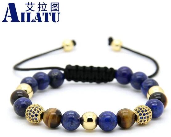 Bracelets Ailatu Men&#039;s Jewelry Wholesale 10pcs/lot 8mm Lapis Stone Beads & 9mm Micro Paved Blue Cz Ball Macrame Braiding Bracelet