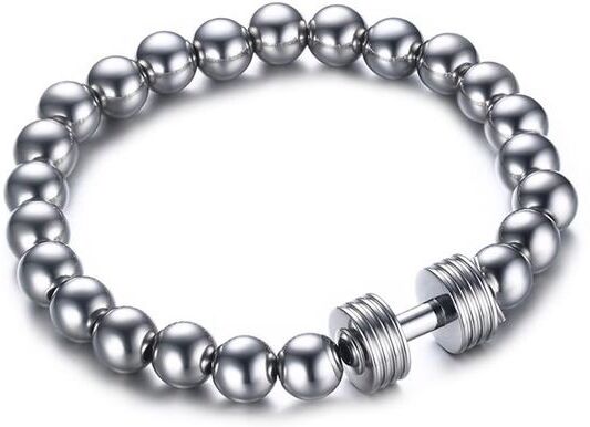 Mens Stainless Steel Silver Dumbbell Charm Bracelet with 8mm Beads Chain Fitness Jewelry Power Gym162M