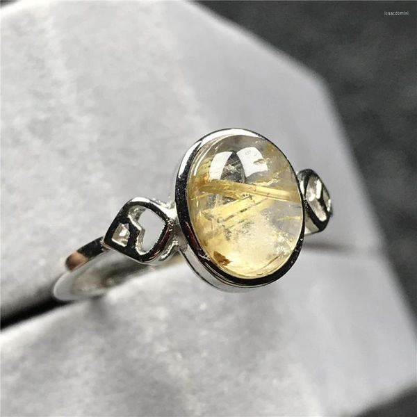 Cluster Rings 10x8mm Natural Gold Rutilated Quartz Ring For Woman Man Lucky Crystal Beads Silver Gemstone Adjustable Size Jewelry