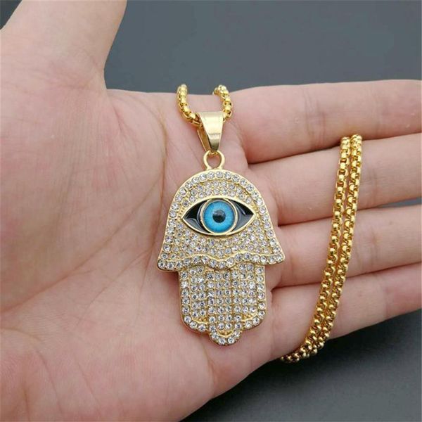 Turkish Evil Eye Hamsa Hand of Fatima Pendant Necklace Gold Stainless Steel Iced Out Pendant Chain Hip Hop Women Men Jewelry 200928222F