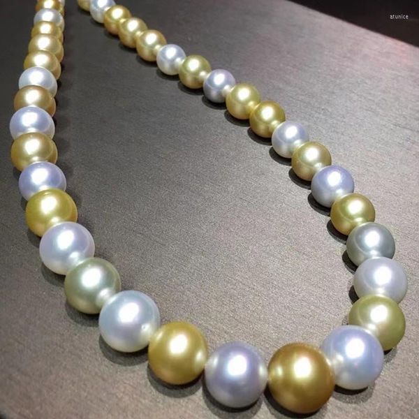 Chains Huge Charming 18&quot;13-14mm Natural South Sea Genuine White Gold Round Pearl Necklace Women Jewelry