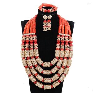 Necklace Earrings Set Luxury 4 Layers Full Coral Beads Real Beaded Wedding Jewelry Dubai African Party Costume Jewellery CNR727
