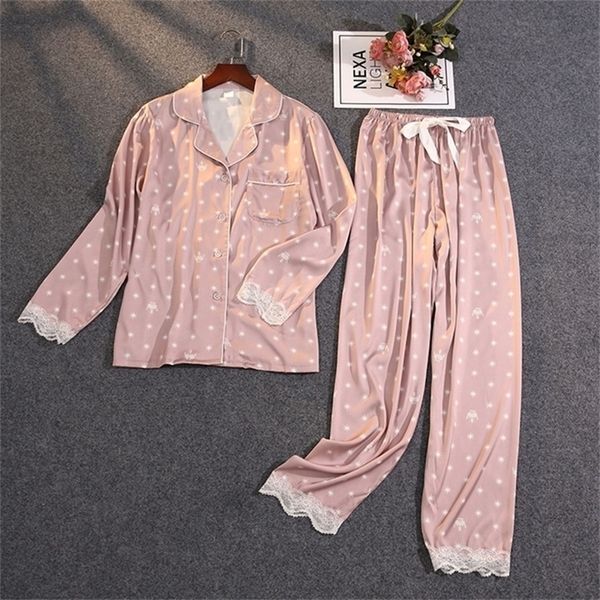 Spring Summer Home Clothes for Women Silk Pajamas for Women Sleepwear Set Pyjama Satin Lace Pijama Mujer Sweet Home Suit Casual 201217