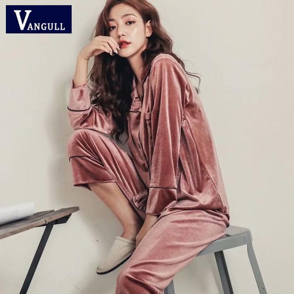 Vangull Velvet Long Sleeve Women Pajamas Sets Sexy Elegant Ladies Home Clothes 2020 Winter Warm Female Pajama Sleepwear Suits
