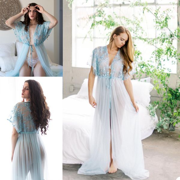 Sexy Bridal Gowns Women Robes Wedding Dresses Illusion Lace Long Sleeve Appliques Tulle Nightdress Nightgown Sleepwear