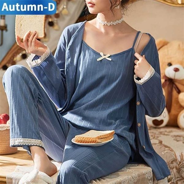 Women Pajama Sets Lace Nightgowns Sexy Female Sleepwear Plus Size Pijama Trouser Suits 3PCS Cotton Night Wear Soild Home Clothes 211215