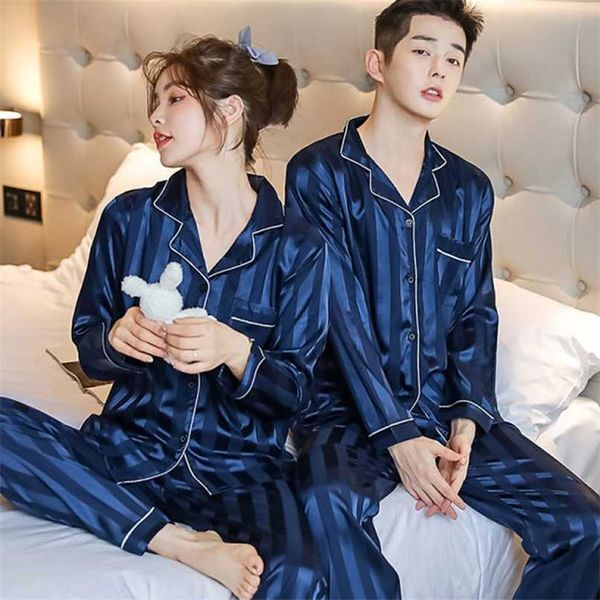 Men & Women Casual Home Clothing Nightwear Luxury Pajama Suit Satin Silk Pajamas Sets Couple Sleepwear Pijama Lovers Night Suit 211110