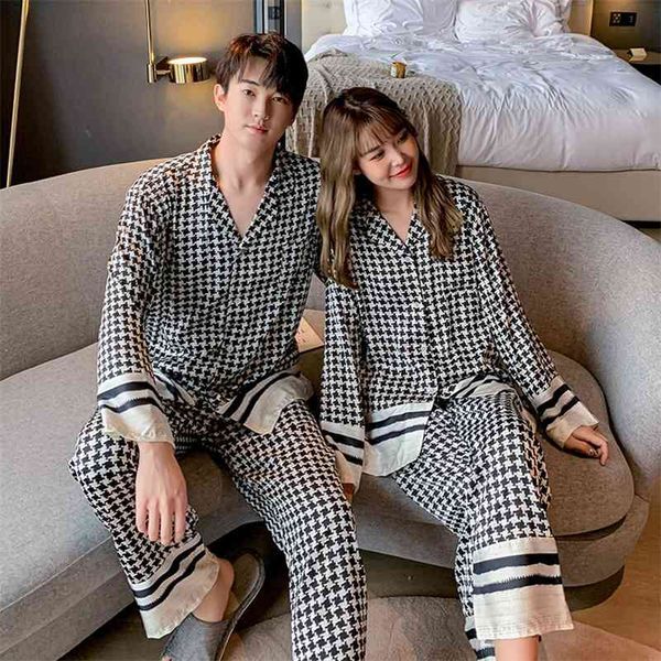 Spring Silk Like Houndstooth Women&#039;s Pajamas Set Fashion Style Female Couple Sleepwear Home Clothes for Men Nightwear Set 210330