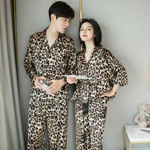 Leopard Couple&#039;s Pajamas Set Long Sleeve Soft Silk Pajama Sets Women Oversized Mens Sleepwear Nightgown Spring Home Clothing 210524