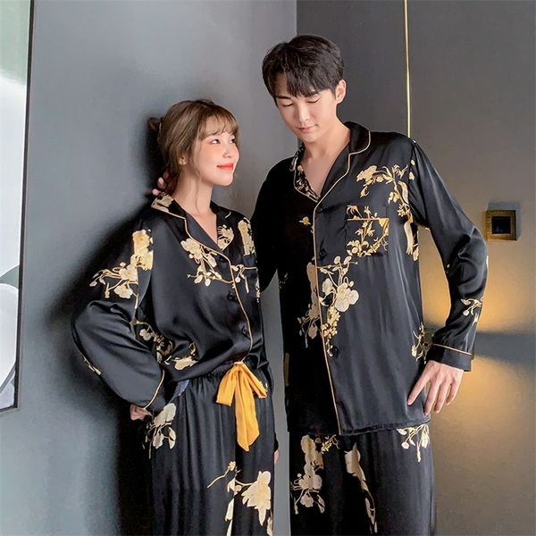 Spring Women&#039;s Pajamas Set Luxury Style Black Golden Flower Print Sleepwear Silk Like Couple Home Clothes Nightwear for Men 220329