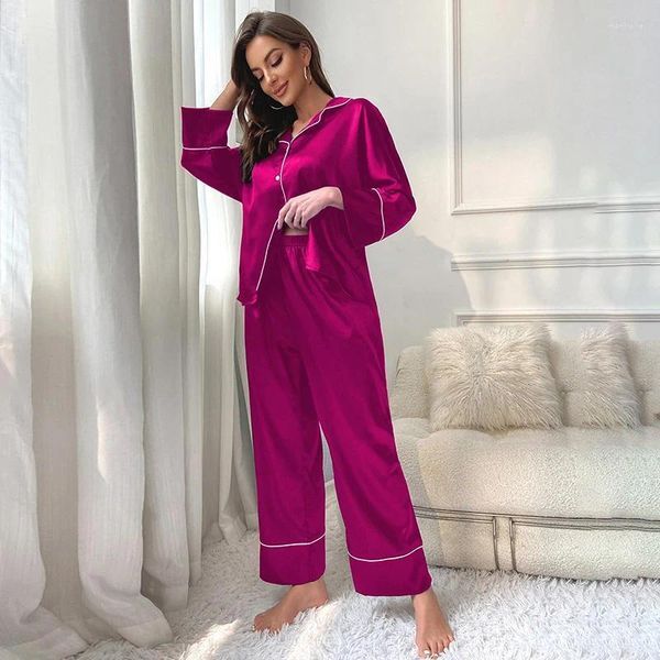 Women&#039;s Sleepwear Satin Home Clothes Set Spring Long Sleeve V Neck Tops Pajama Pants Ladies Silky Pyjama Loungewear Pijama Mujer