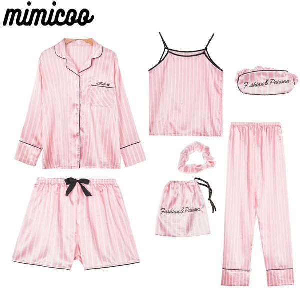 Womens Sleepwear Pink 7 Pieces Pajamas Sets Faux Silk Striped Pyjama Women Spring Summer Autumn Homewear Lounge Home Clothes 230828