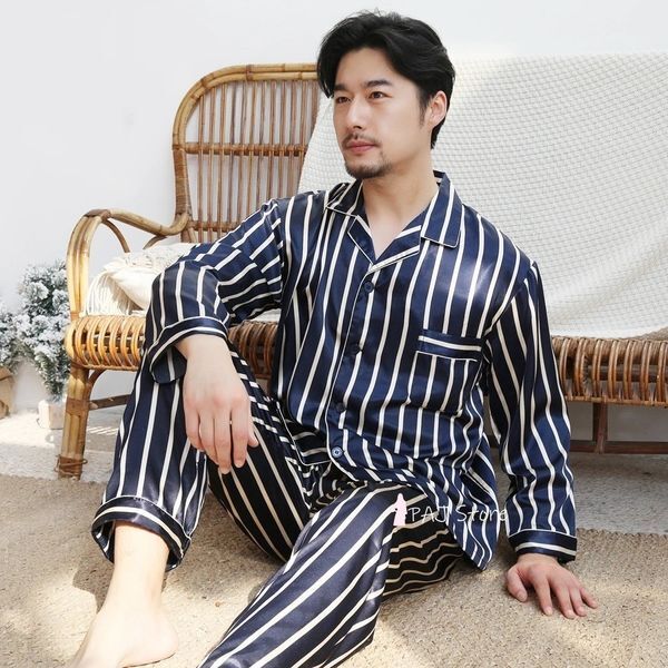 Men&#039;s Sleepwear Home Clothes for Men Big Size 3XL 5XL 7XL 8X Men Summer Silk Pajama Trousers for Men Spring Stripe Men Nightwear Oversize 230320