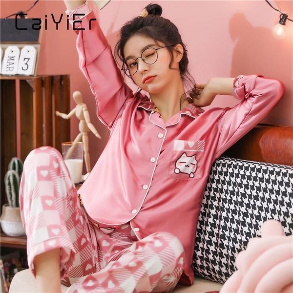 Women&#039;s Sleepwear CAIYIER 2023 Silk Satin Pajamas Set Women Sexy Cute Print Girls Lingerie Nightwear Big Size Loungewear M-5XL Pyjamas