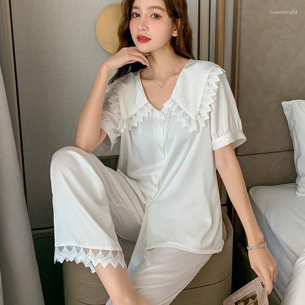 Women&#039;s Sleepwear Lapel Sweety Sleep Set Female Lace Doll Collar 2PCS Pajamas Suit Casual Pyjamas Satin Patchwork Home Clothes