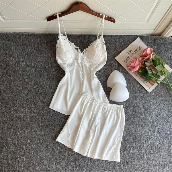 Women&#039;s Sleepwear Satin 2PCS Pajamas Suit Women Strap Top&amp;Shorts Sexy Lace Intimate Lingerie Nightwear White Home Clothes Pyjamas