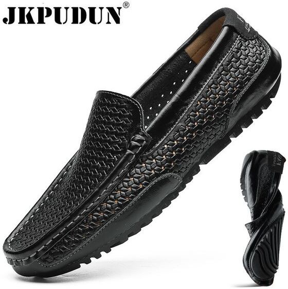 GAI Dress Summer Men Casual Brand Genuine Leather Mens Loafers Moccasins Italian Breathable Slip on Boat Shoes Black JKPUDUN 230403