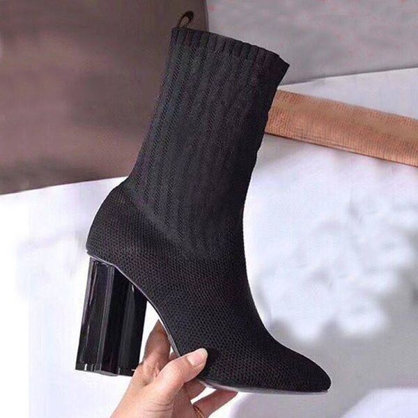 autumn winter socks heeled heel boots fashion sexy Knitted elastic boot designer Alphabetic women shoes lady Letter Thick high heels Large size 35-42 us5-us11 With box