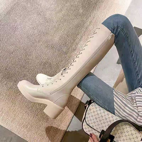 New Women Boots Winter Designer British Style Boots Ladies Round Toe Knee Thick Low Heel Female Boots Woman Shoes