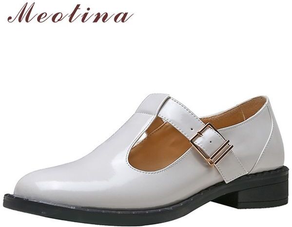 Women Shoes Natural Genuine Leather Low Heels Fashion T-tied Square Heel Pumps Buckle Round Toe Ladies Footwear White 40 210517