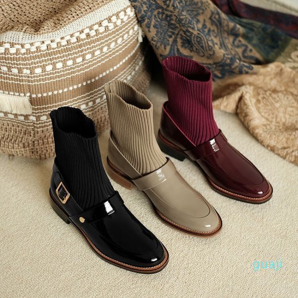 Sock Half Boots Women Fall season Casual And Versatile With Cow Leather Thick Heel Andlow Round Head Elastic Woman Platform Shoe