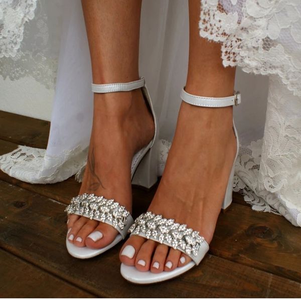 Lady&#039;s Summer Sandals Chunky Thick Heels Women Bridal Shoes with Sparkling Gold Crystal Trim Ankle Strap White Wedding Party Prom Club Shoes AL9776