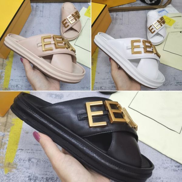 2022 Fashion Ladies Sandals Luxury Designer Ladies Gold Letter Slippers Anatomy Leather Slides Sizes 35-42