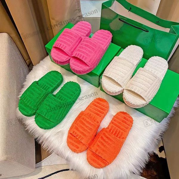 Italy luxury Designer Women Slippers Fashion Green Towel Cotton Slides Scuffs Sandals classic lady Flat Heel Flip Flops Slipper 35-44