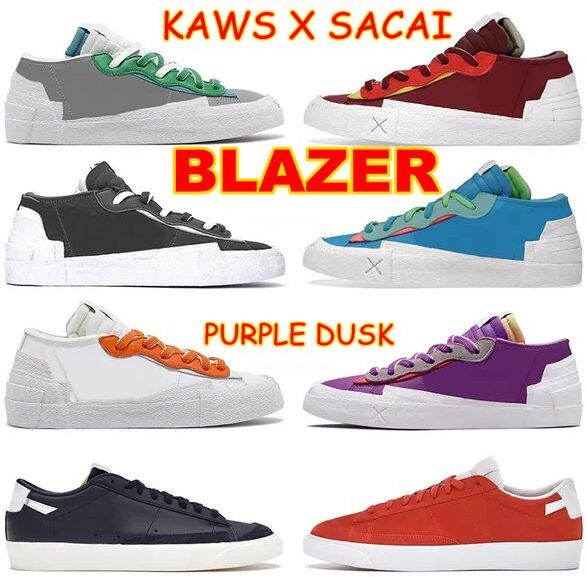 Blazer Low Running Shoes Kaws X Sacais Classic Mens Womens Purple Dusk Casual Sports Neptune Blue Team Red Paint Splatter Sneakers trainers With Box and Card