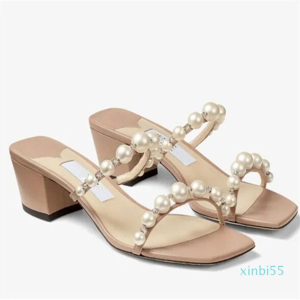 Perfect Amara Nappa Leather Sandals Shoes Women Pearl Embellishment Strap Block Heels Mules Lady Casual Walking Slip On Slippers EU35-43