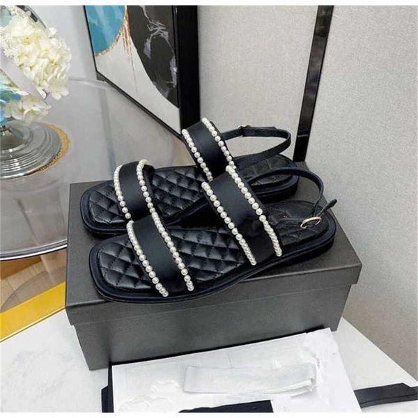 Sports shoes 2024 Spring/Summer New Internet Celebrity Pearl Beaded Square Head Low Heel Versatile Small Fragrant Wind One line Strap Flat Bottom Slippers for Women