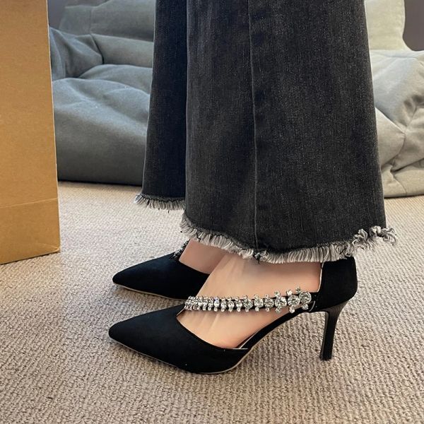 Dresses 2023 New Fashion Women Pointed Toe Dress Rhinestone Wedding Party Pumps Black Suede Sandal Crystal Embellished High Heels Shoes