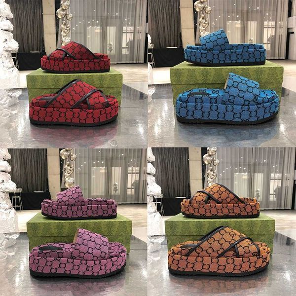 Designer slippers womens Women summer sandals fashion canvas Flat Mules Platform Embroidered Linen High Heel Sandal platform sliders Shoes Size 35-42 Lady Slipper