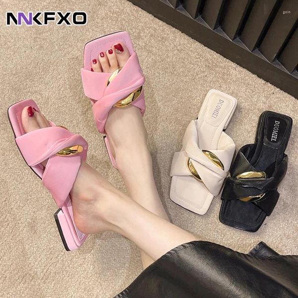 Slippers Metal Chain Decor Cross Women Shoes Soft Leather Flat Sandals Casual Beach Summer Slides Ladies Fluffy 2024