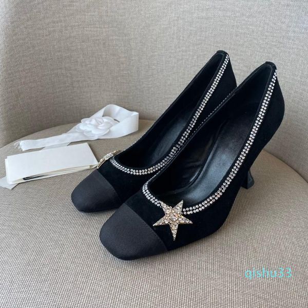 Chaneles Toe High-quality Square Shoes Pumps Women Rhinestones Decor Woman Fashion Genuine Leather Heels