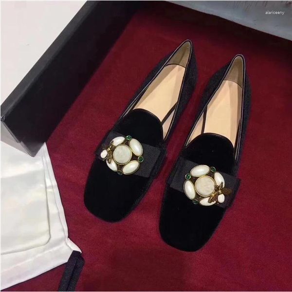 Casual Shoes Koovan Women&#039;s Flats 2024 Suede Square Head Rhinestone Pearls Buckle Flat Black Loafer Women Boat Scoop Girls