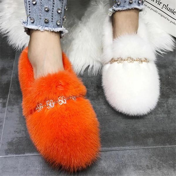 Casual Shoes Orange Women Flats Chains Decor Moccasins Ladies Driving Winter Warm Creepers Zapatos Mujer Loafers