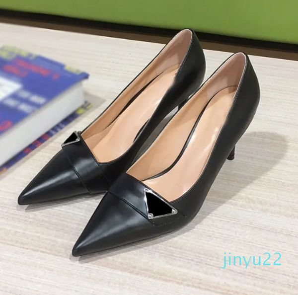 Autumn New Formal Shoes Famous Women Designer Brand High Heel Shoes Genuine Leather Metal Triangle Pointed Tip Shallow Mouth Thin Heel Baotou Elevated Ladies Shoe