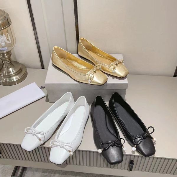 Designer ELME FLAT loafers Women Casual shoes Bow Pearl Embellishment Gold Metallic Formal Shoes Leather sole Shiny Leather Flat Shoes Wedding Party Shoes