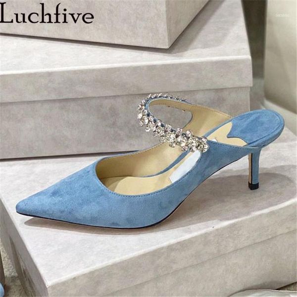 Slippers Quality Crystal Strap Kitten Heel Women Light Suede Pointy Flat Bottom Mule 2023 Summer Sexy Formal Party Shoes Mujer1