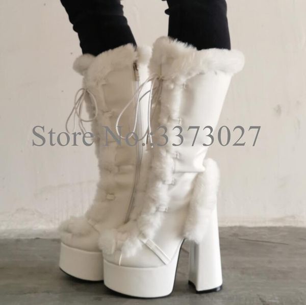 Boots White Leather Fur Decor Woman Winter Fashion Chunky Heel Platform Long Lace-up Lady Knee High Real Pos