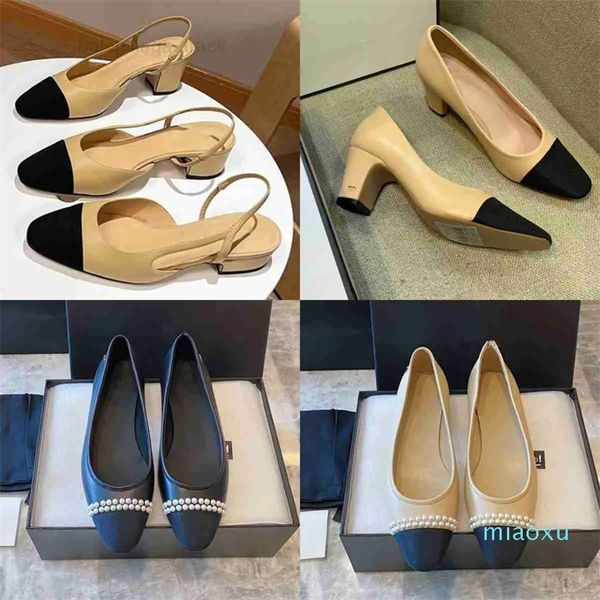 Black Beige Leather Nylon Women&#039;s Sandals Interlocking Calfskin Pump Toe Cap Slingbacks Slides Party Dress Shoes Mid Block Heels Mules Slider Formal